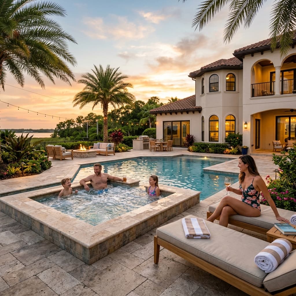 Family relaxing by pool